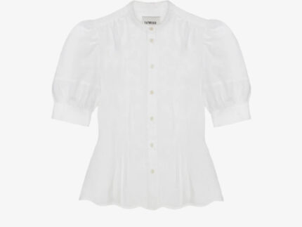 Joni puff sleeve blouse in white cotton bamboo with scalloped hem and lace collar trim, made in London by Saywood