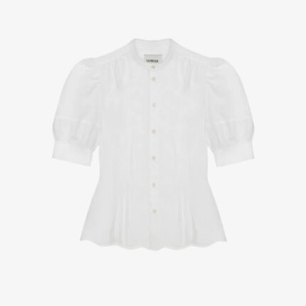 Joni puff sleeve blouse in white cotton bamboo with scalloped hem and lace collar trim, made in London by Saywood