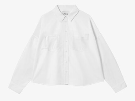 White recycled cotton boxy shirt, Lela Shirt with patch pockets and herringbone tape detail by Saywood, made in London