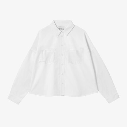White recycled cotton boxy shirt, Lela Shirt with patch pockets and herringbone tape detail by Saywood, made in London