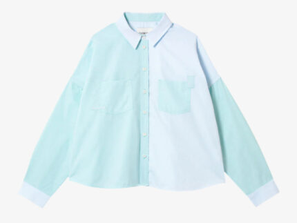 Pastel green and blue colourblock boxy shirt, Lela Shirt with patch pockets by Saywood, made in the UK