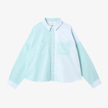 Pastel green and blue colourblock boxy shirt, Lela Shirt with patch pockets by Saywood, made in the UK