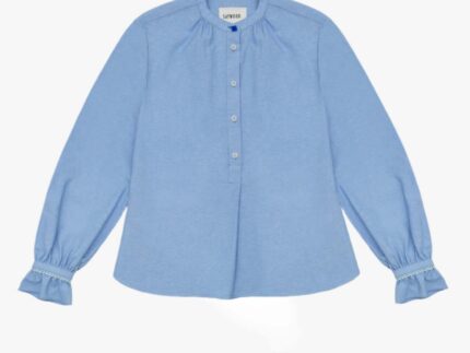 Marie A-line blouse in pale blue recycled cotton with gathered neck, lace-trimmed cuffs, vintage glass button by Saywood