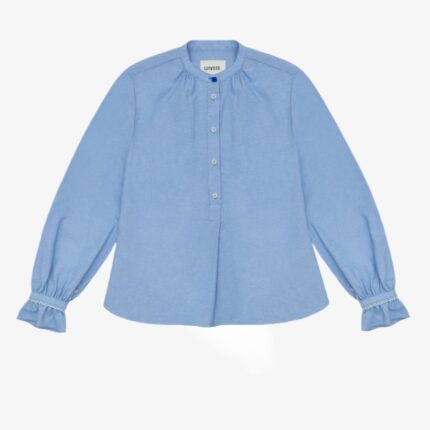 Marie A-line blouse in pale blue recycled cotton with gathered neck, lace-trimmed cuffs, vintage glass button by Saywood