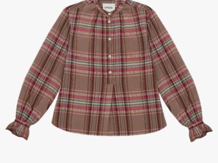 Limited edition Marie A-line blouse in pink and hazelnut check surplus fabric with gathered neck and cuffs by Saywood