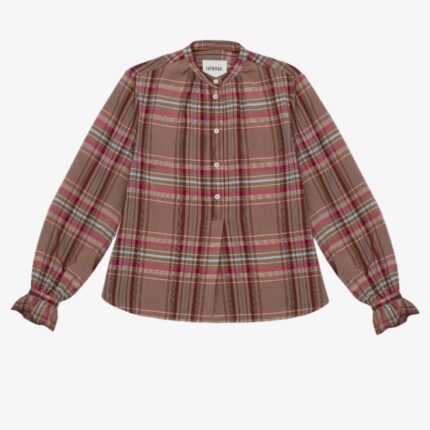 Limited edition Marie A-line blouse in pink and hazelnut check surplus fabric with gathered neck and cuffs by Saywood