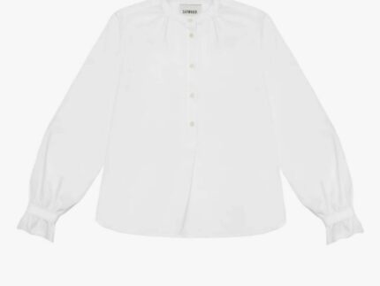 Marie A-line blouse in white recycled cotton with gathered neck, lace-trimmed cuffs, made in London by Saywood