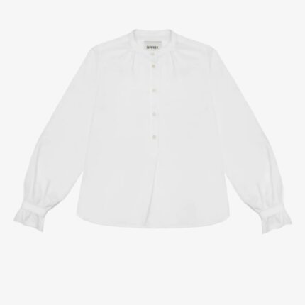 Marie A-line blouse in white recycled cotton with gathered neck, lace-trimmed cuffs, made in London by Saywood