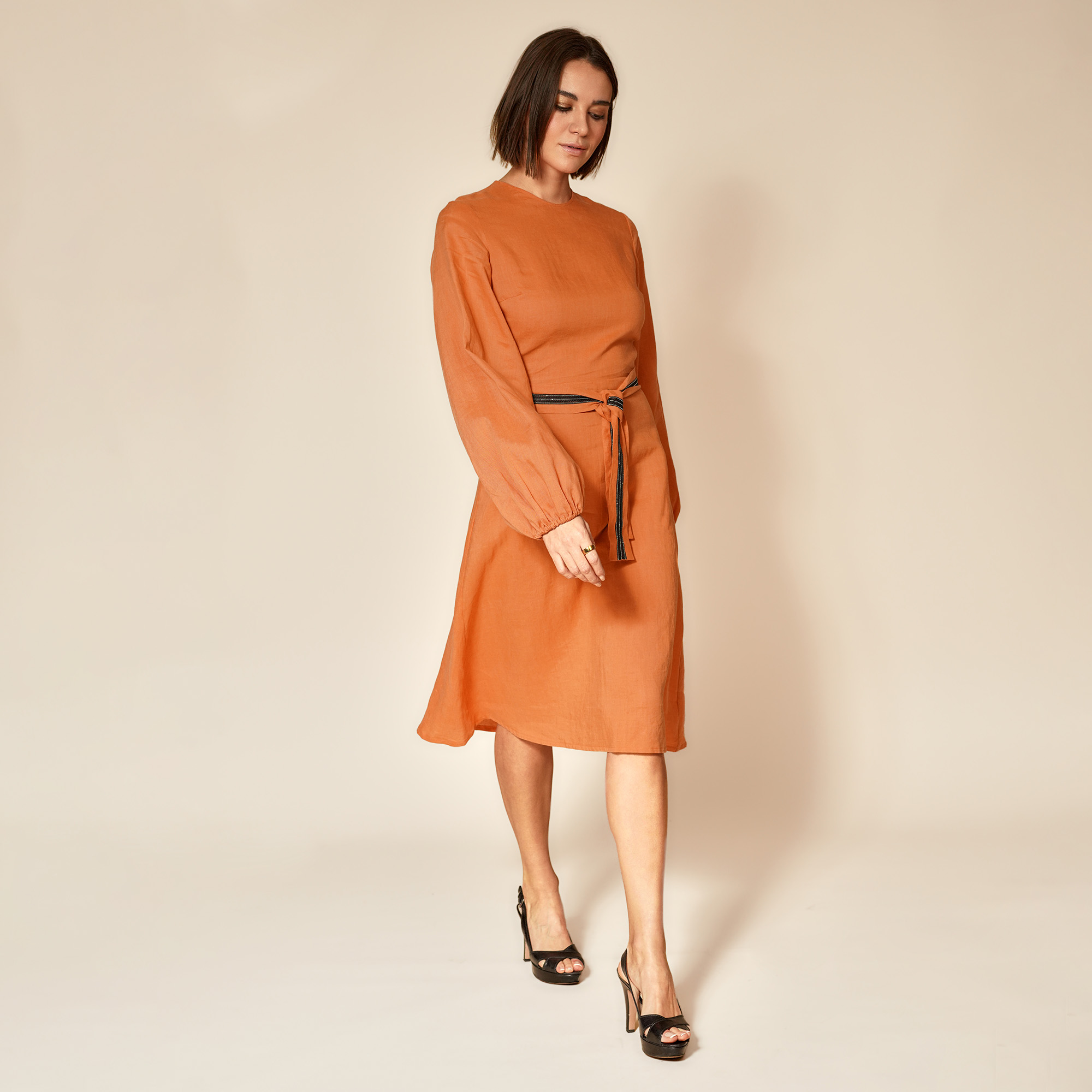 Viscose Dress with Bell Sleeves-Orange-Resized-Platform-2