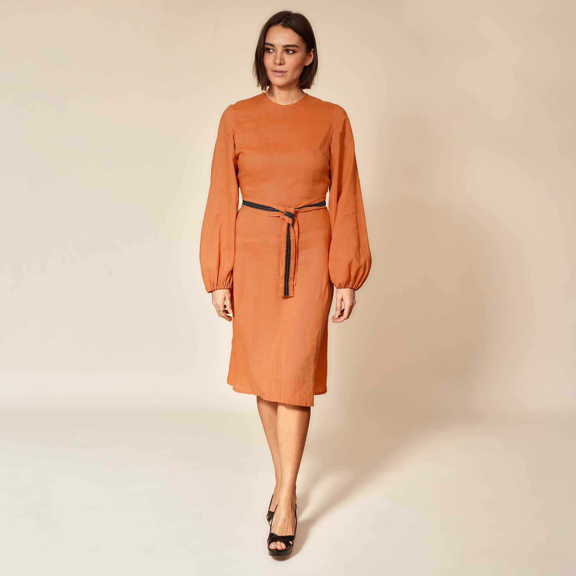 Viscose Dress with Bell Sleeves-Orange-Resized-Platform-5