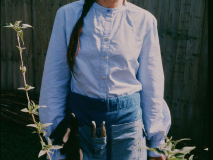 Styling inspiration: Marie pale blue blouse with gathered neck and lace cuffs, made in London by Saywood. Worn with Gardener's Tool Belt.