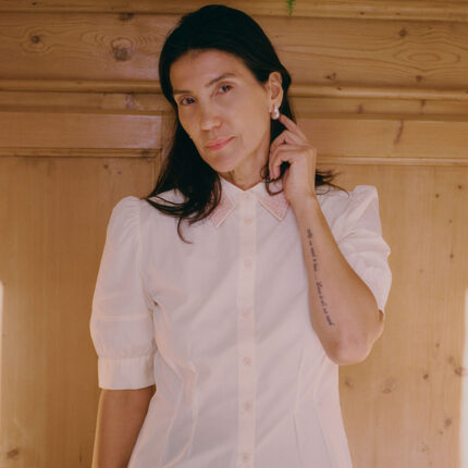 Styling inspiration: Joni butter yellow puff sleeve blouse with fit-and-flare waist and lace collar, made in London by Saywood