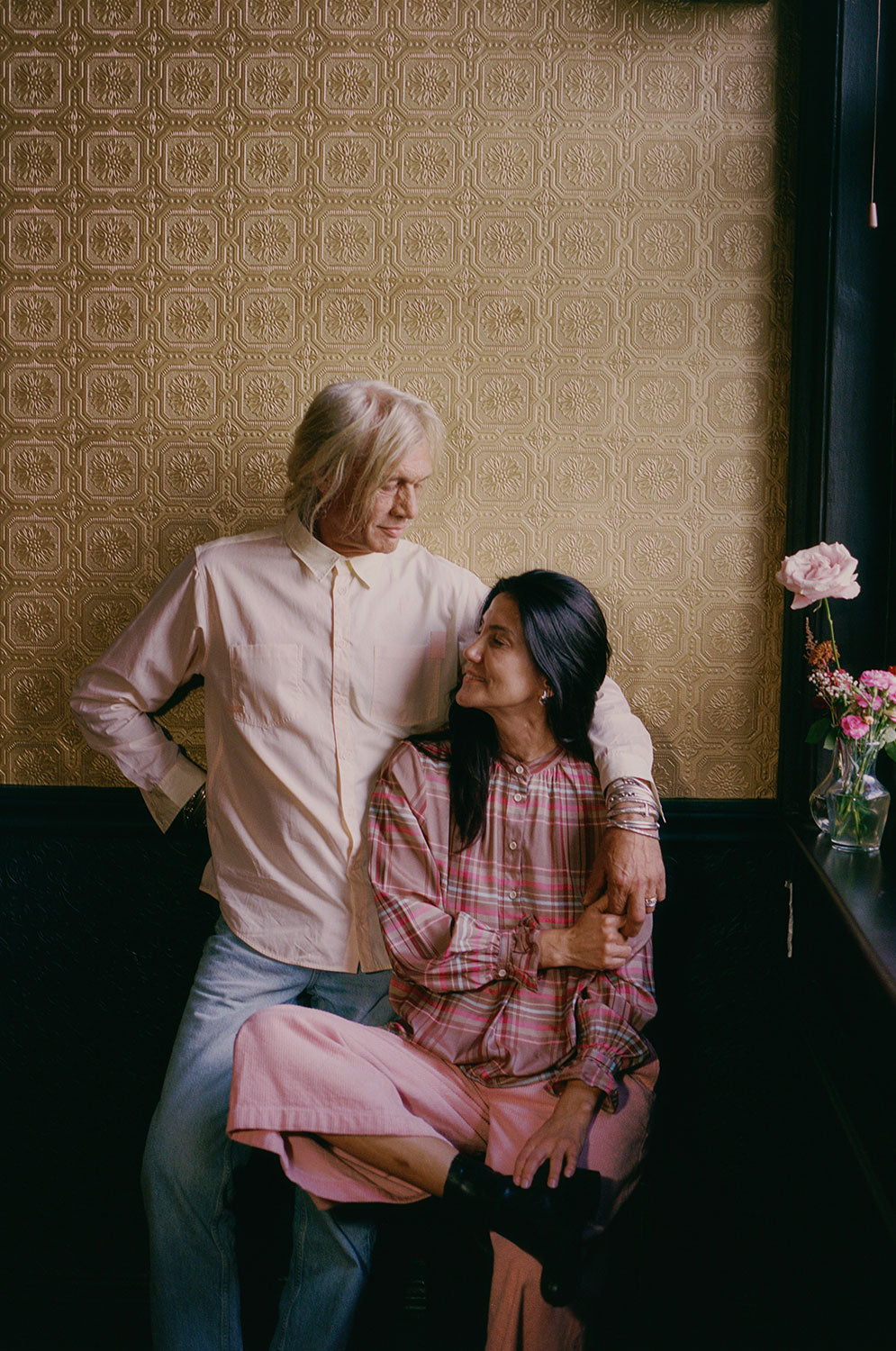 Marie pink check blouse and men's lemon orange colourblock shirt, made in London by Saywood