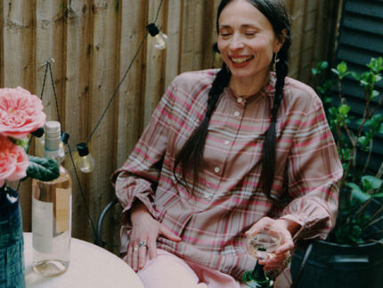 Styling inspiration: Marie pink check blouse with gathered cuffs, limited edition surplus fabric by Saywood. Worn with pink corduroy trousers.