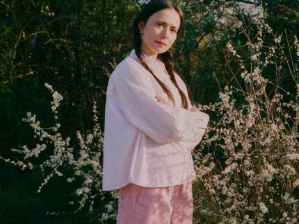 Amelia wide leg trousers in pink corduroy with Lela colourblock shirt, spring styling by Saywood, made in London