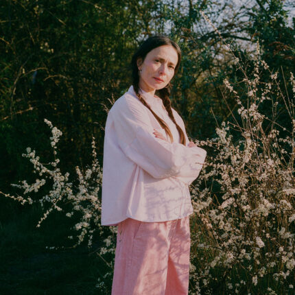 Amelia wide leg trousers in pink corduroy with Lela colourblock shirt, spring styling by Saywood, made in London