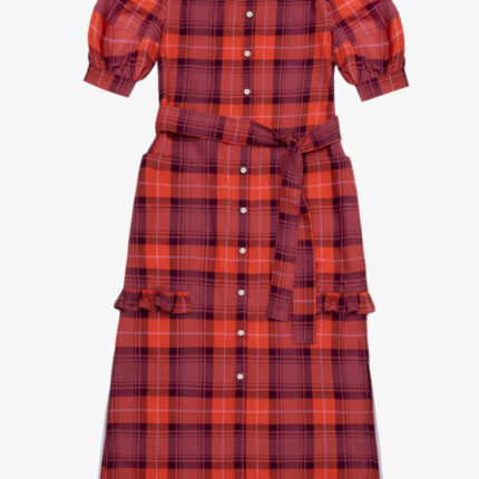 Rosa red tartan puff sleeve shirtdress in surplus lyocell cotton with ruffled pockets and tie belt by Saywood