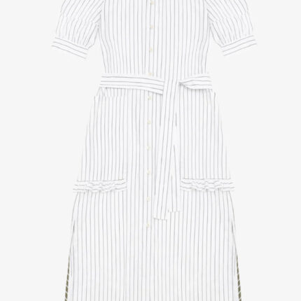 Rosa puff sleeve shirtdress in white cotton pinstripe with detachable belt, ruffle pockets and side splits, made in London by Saywood