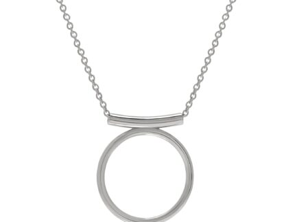Silver necklace with a open circle pendant design on a white background