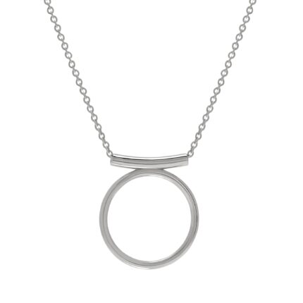 Silver necklace with a open circle pendant design on a white background