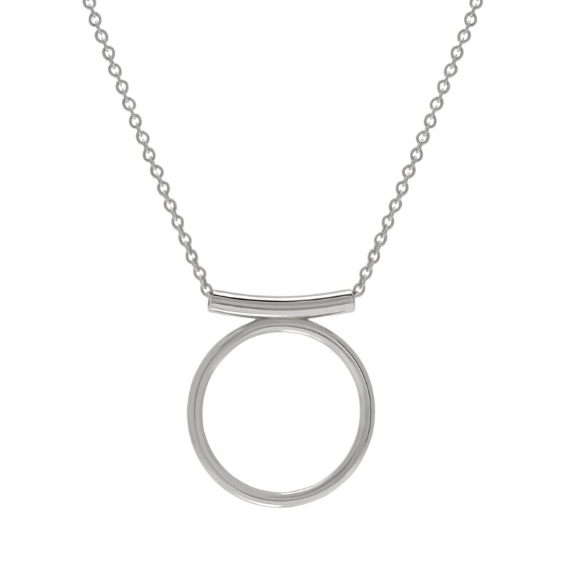 Silver necklace with a open circle pendant design on a white background