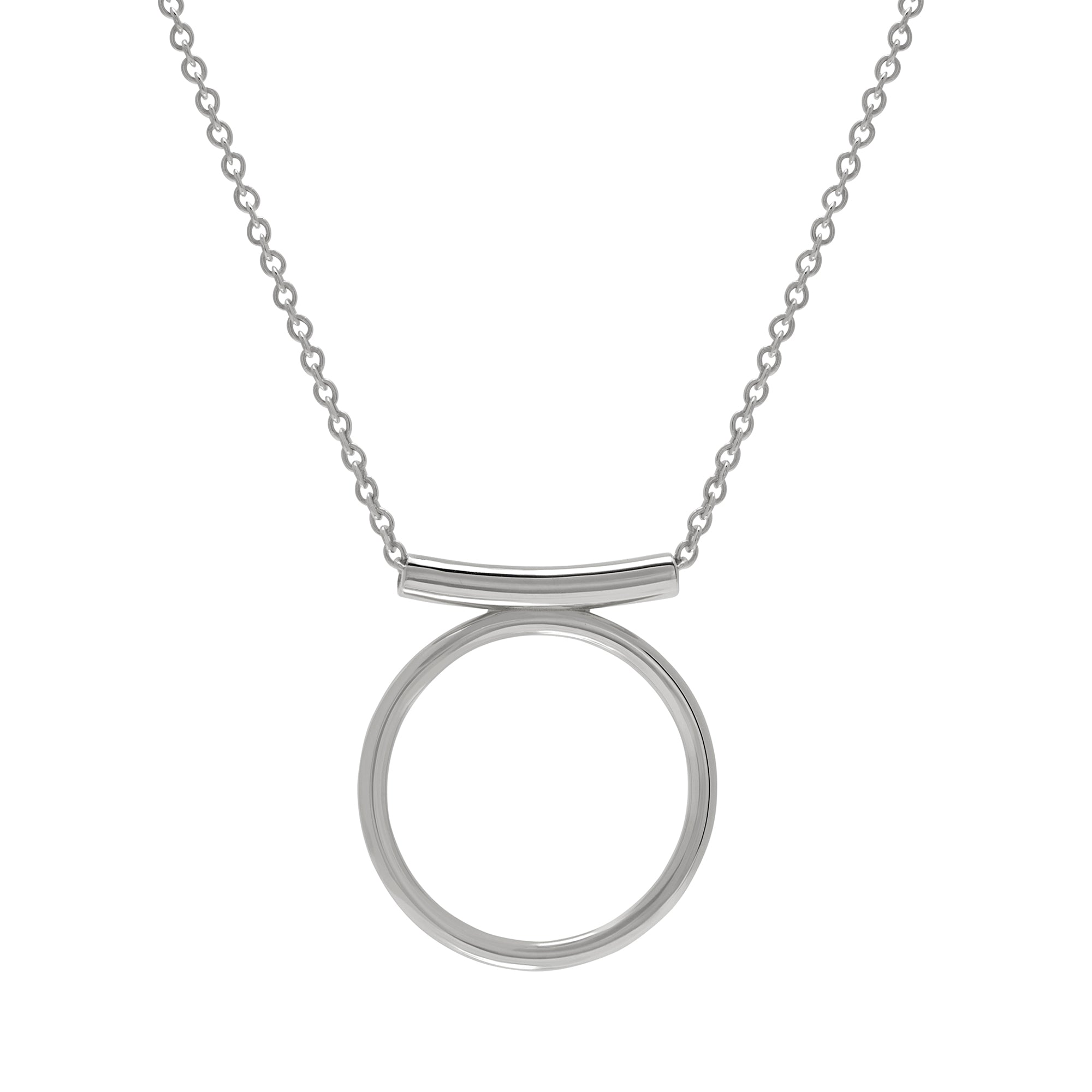 Silver necklace with a open circle pendant design on a white background