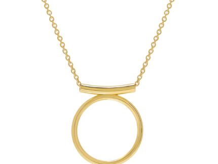Gold necklace with a circular pendant on a white background