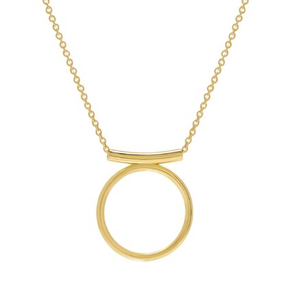 Gold necklace with a circular pendant on a white background