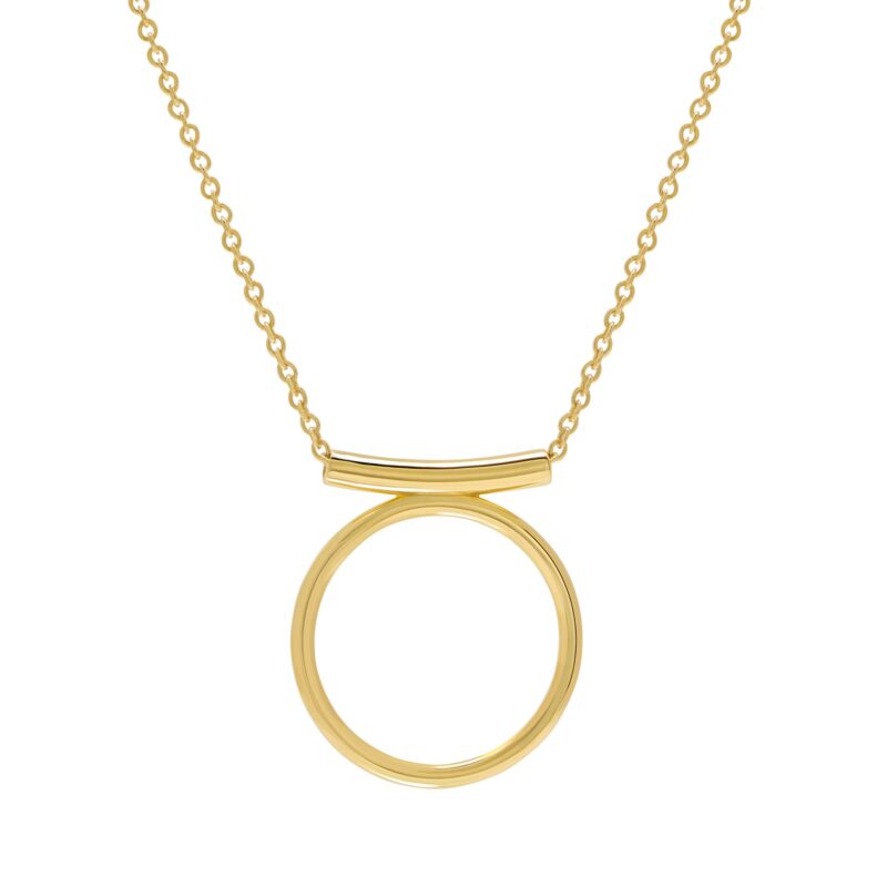 Gold necklace with a circular pendant on a white background