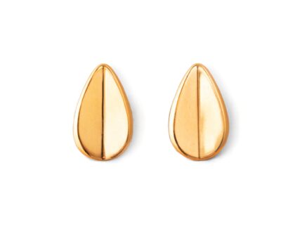 A pair of gold-colored teardrop-shaped earrings with a folded concavity design, displayed against a white background.