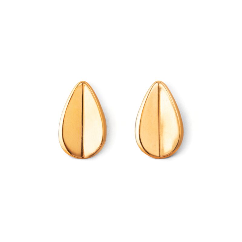 A pair of gold-colored teardrop-shaped earrings with a folded concavity design, displayed against a white background.
