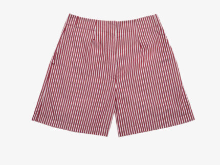 Bessie A-line tailored shorts in berry red stripe designer deadstock cotton, made in London by Saywood