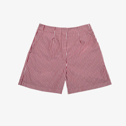 Bessie A-line tailored shorts in berry red stripe designer deadstock cotton, made in London by Saywood