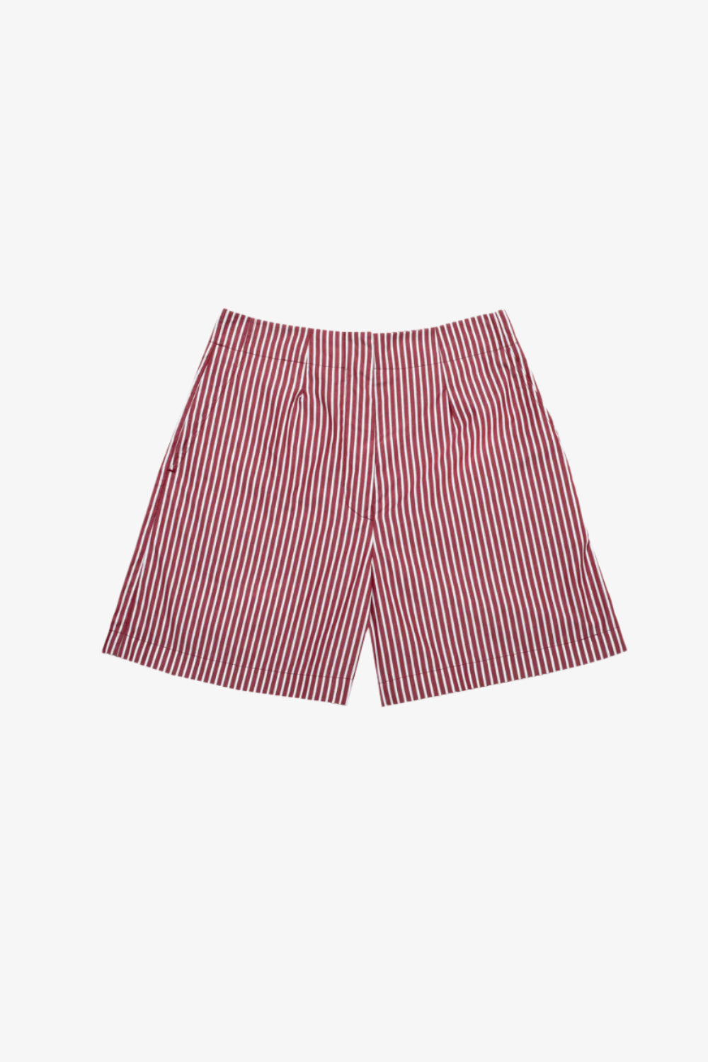 Bessie A-line tailored shorts in berry red stripe designer deadstock cotton, made in London by Saywood