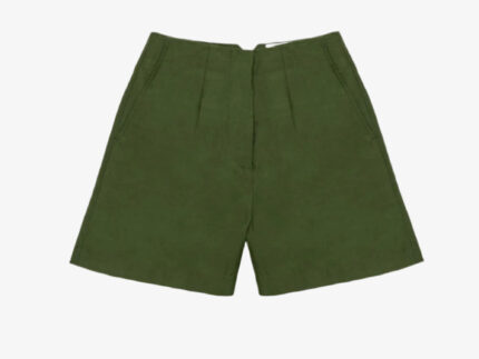 Bessie A-line tailored shorts in rich olive green deadstock linen cotton, made in London by Saywood