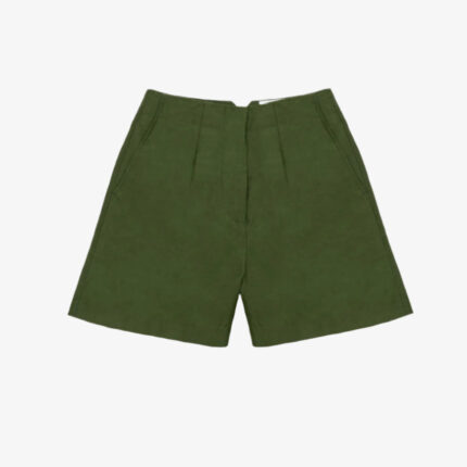 Bessie A-line tailored shorts in rich olive green deadstock linen cotton, made in London by Saywood