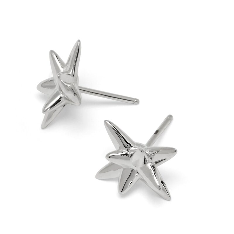 Pair of silver star-shaped earrings on a white background