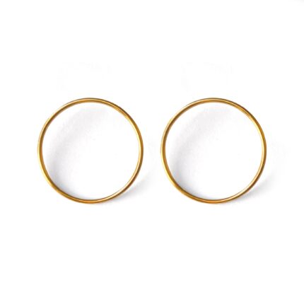 A pair of gold-colored circular earrings on a white background