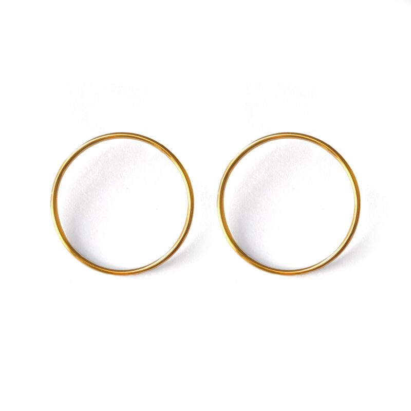 A pair of gold-colored circular earrings on a white background