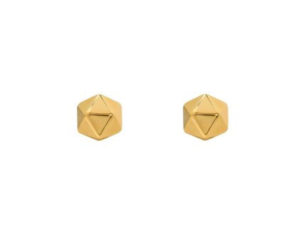 Pair of gold geometric stud earrings on a white background