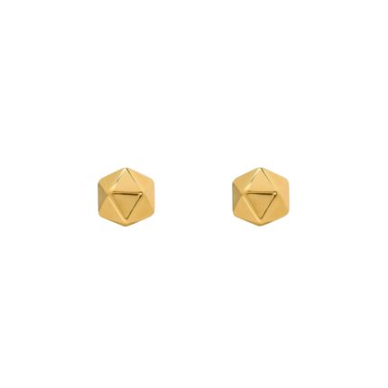 Pair of gold geometric stud earrings on a white background