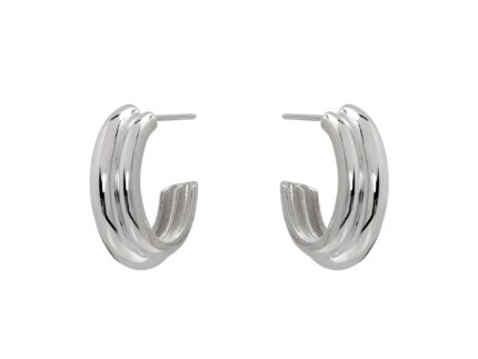 Pair of silver hoop earrings on a white background
