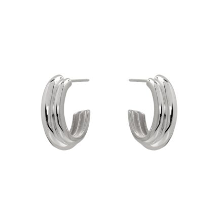 Pair of silver hoop earrings on a white background
