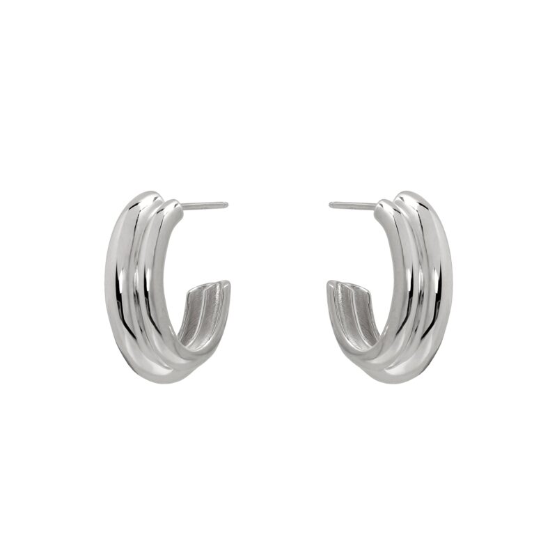 Pair of silver hoop earrings on a white background