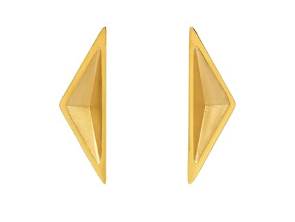 Pair of gold triangle-shaped earrings on a white background