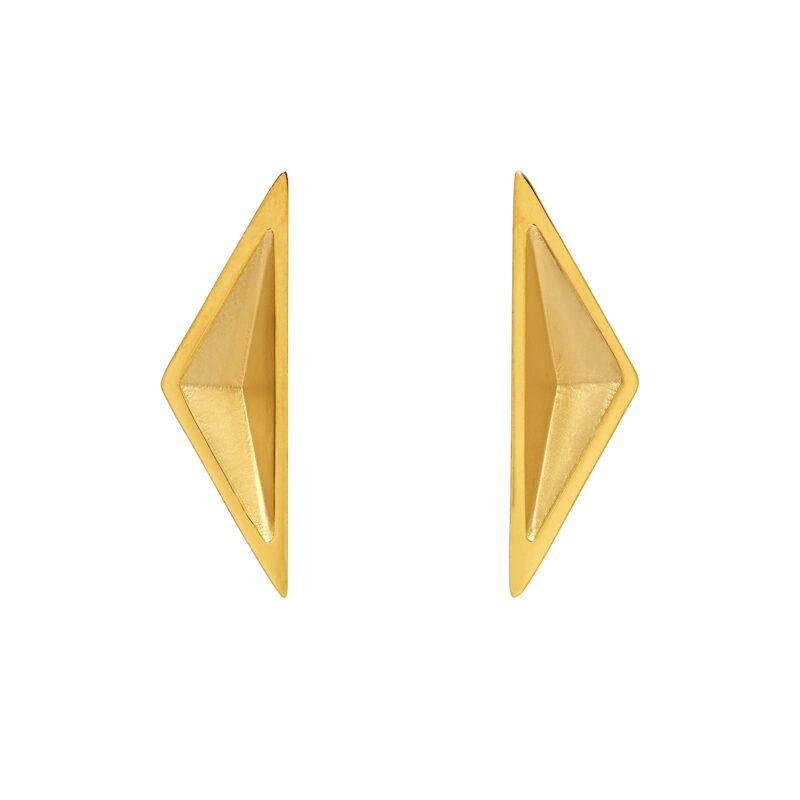 Pair of gold triangle-shaped earrings on a white background