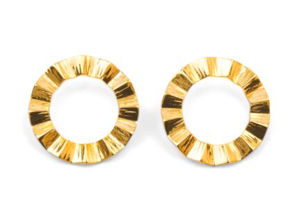 Pair of gold hoop earrings on a white background