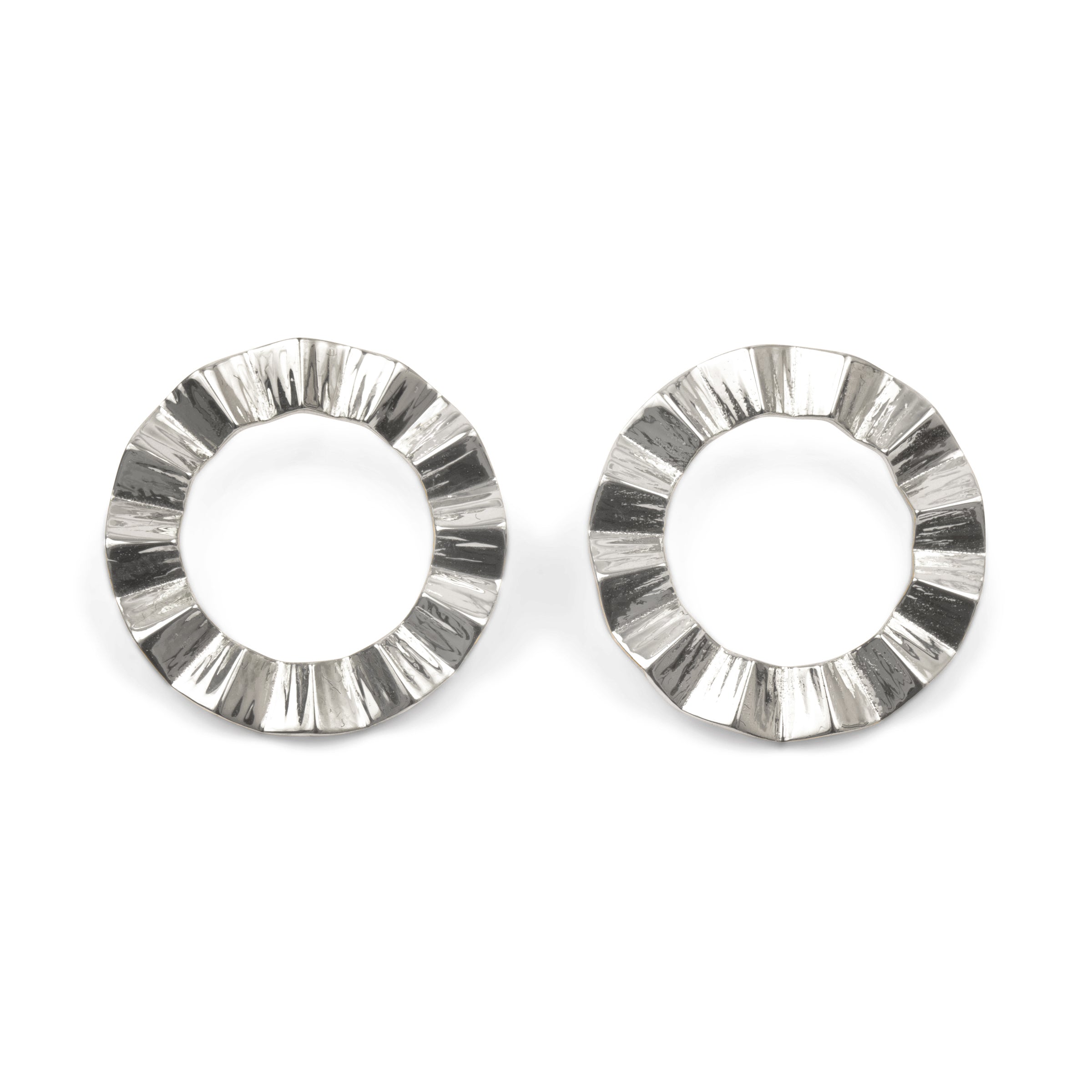 Pair of silver hoop earrings on a white background