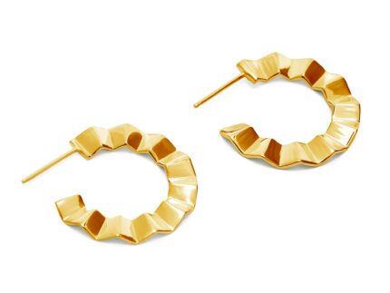 Gold hoop earrings with geometric design on a white background