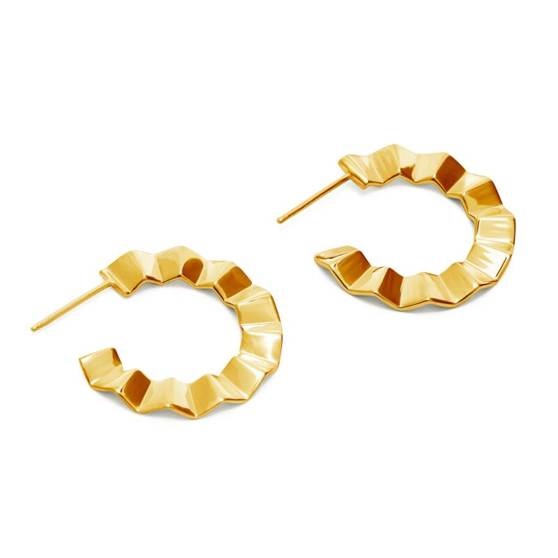 Gold hoop earrings with geometric design on a white background